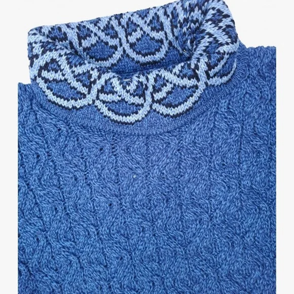Aran Sweater Market Blue Marl Size M Jacquard 100% Merino  Wool Ireland Rollneck - Picture 6 of 6